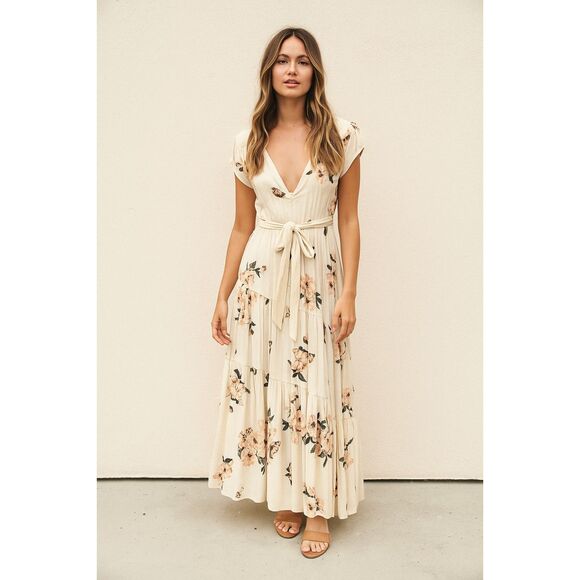 Free People All I Got Floral Maxi Dress Tie Front Tiered Women sz 8 Cream Boho - Picture 1 of 16